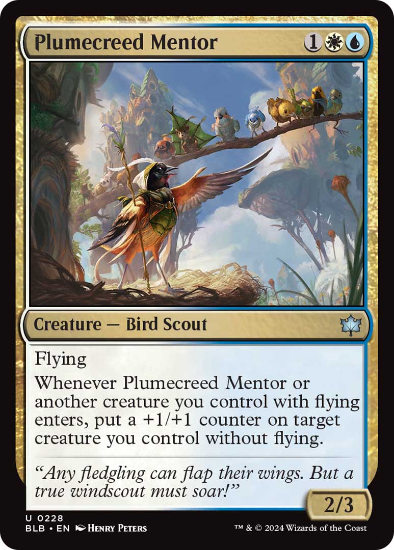 Plumecreed Mentor, a new archetype tentpole card from Bloomburrow.