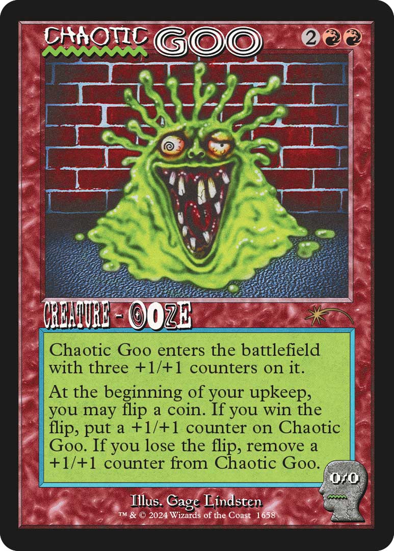 The reprint of Chaotic Goo, a card from the Creatures drop in collaboration with Brain Dead. Part of the Inside An Elevator Superdrop. Illustrated by Gage Lindsten.