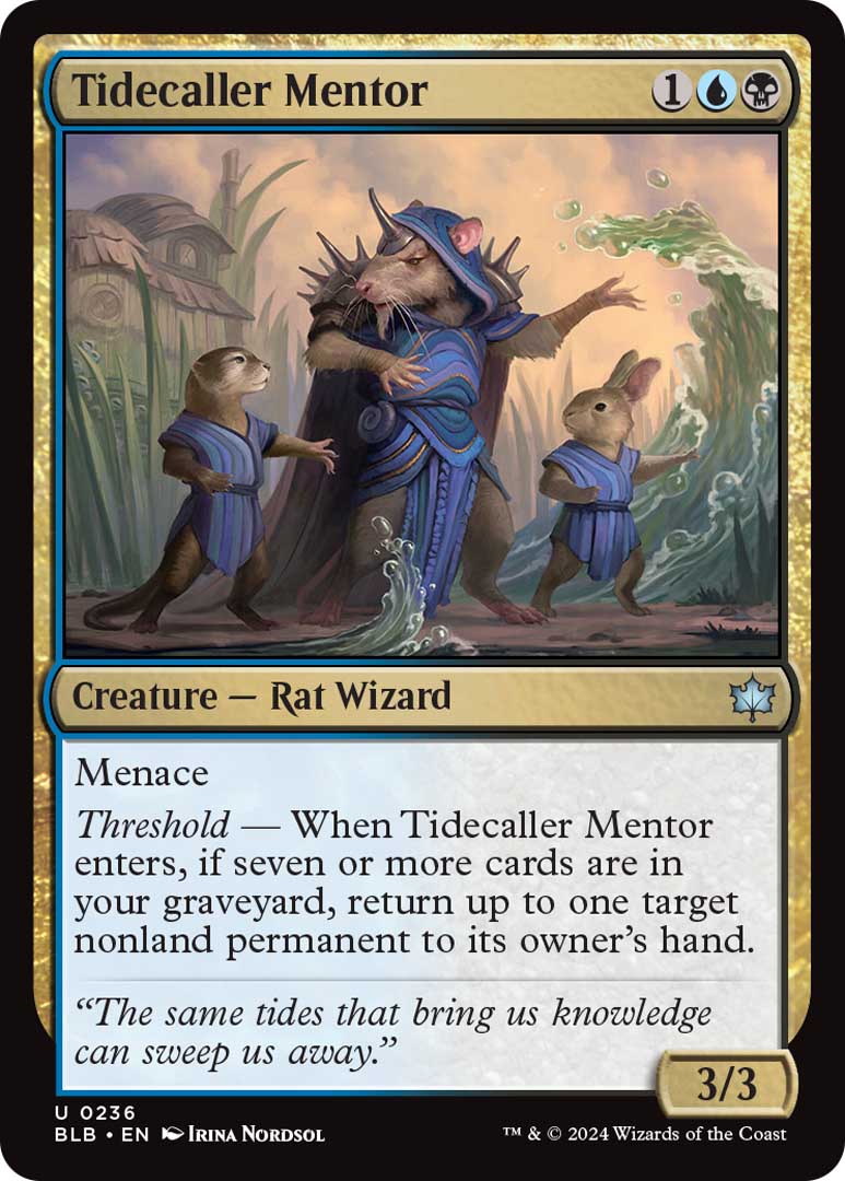 Tidecaller Mentor, a new archetype tentpole card from Bloomburrow.