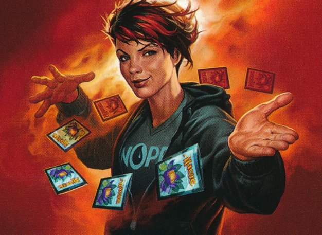 Illustration of a Magic: the Gathering player surrounded by a swirl of cards