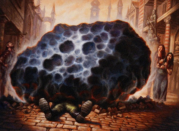 Fantasy illustration of a man crushed under a meteorite