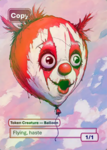 A Magic: The Gathering Balloon Token featuring the face of an amused clown on a red balloon