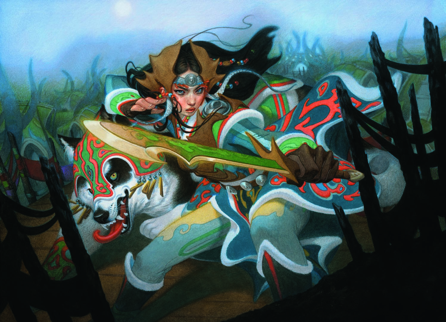 The full art for Eshki Dragonclaw. Illustrated by Tran Nguyen for Tarkir: Dragonstorm.
