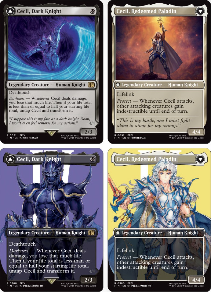 Cecil, Dark Knight, and its back face, Cecil, Redeemed Paladin, alongside its Borderless treatment. Image credit: Wizards of the Coast