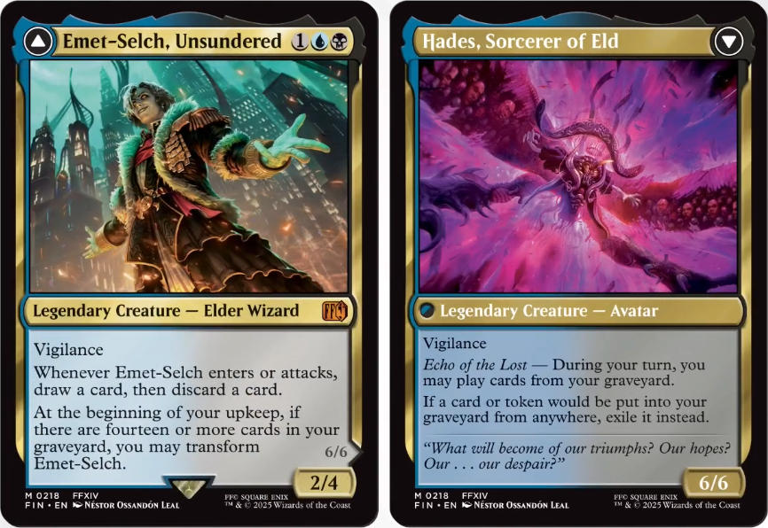 Emet-Selch, Unsundered, and its back face, Hades, Sorcerer of Eld, from Universes Beyond: Final Fantasy. Image credit: Wizards of the Coast