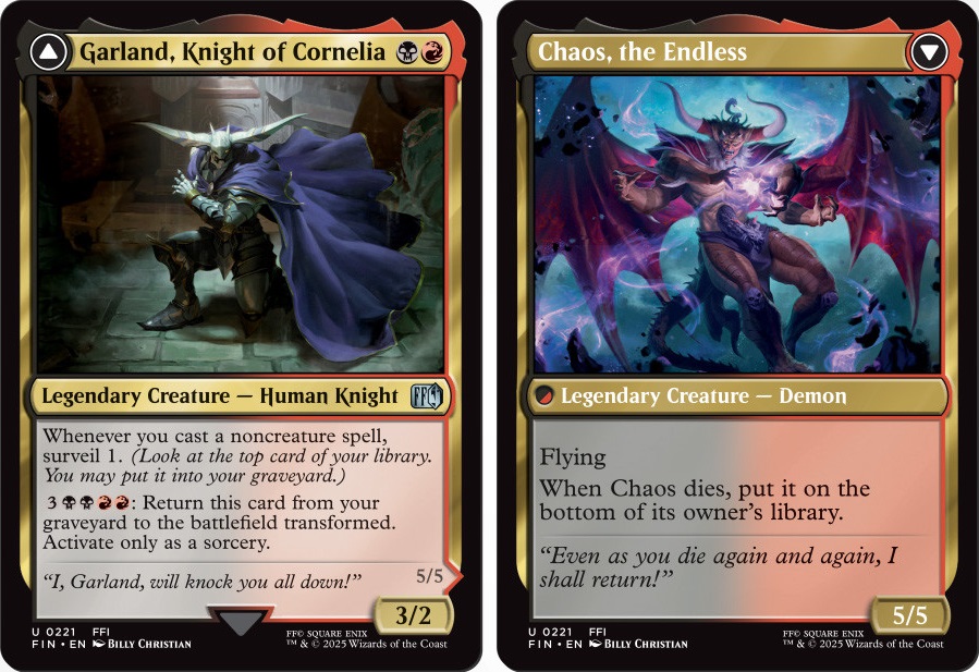 Garland, Knoght of Cornelia, and its back face, Chaos, the Endless, a card from Universes Beyond: Final Fantasy. Image credit: Wizards of the Coast