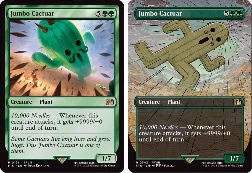 Jumob Cactuar, a new card from the new Final Fantasy set, as well as its Borderless Art treatment. Image credit: Wizards of the Coast