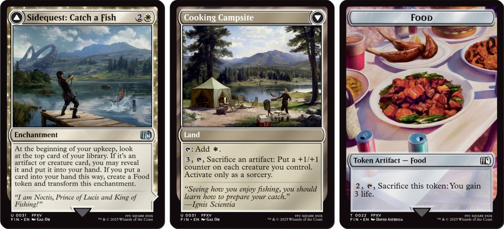 Sidequest: Catch a Fish and its alternate side, Cooking Campsite, a new card from the new Final Fantasy set, as well as an appropriate Food token to the card. Image credit: Wizards of the Coast