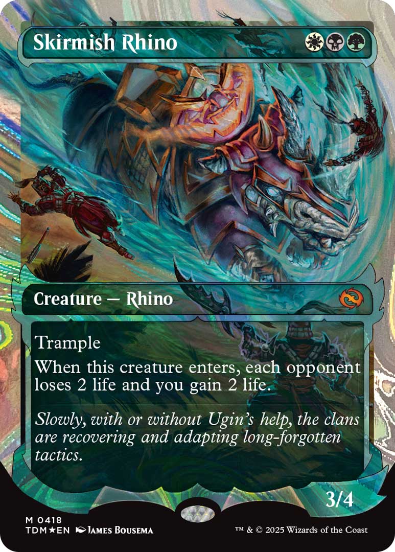 The borderless showcase version of Skirmish Rhino, a new card from Tarkir: Dragonstorm. Image credit: Wizards of the Coast