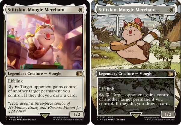 Stiltzkin, Moogle Merchant, a new card from the new Final Fantasy set, as well as its Borderless art treatment. Image credit: Wizards of the Coast