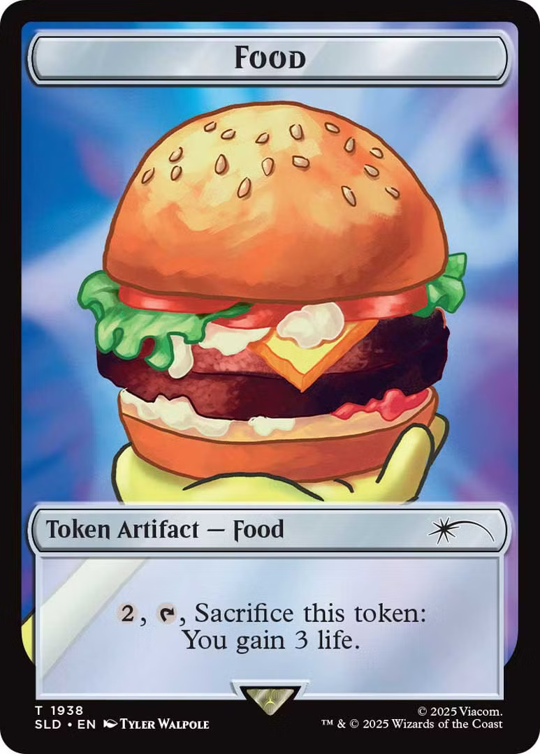 A Krabby Patty-themed Food token. Illustrated by Tyler Walpole.