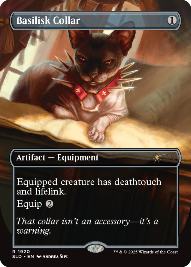 Basilisk Collar (cat version), a card from the new drops. Image Credit: Wizards of the Coast