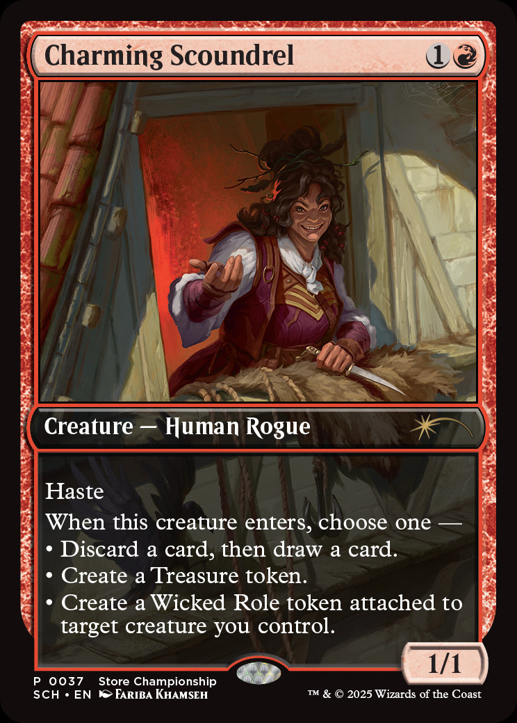 Charming Scoundrel, the Store Championship promo for making the Top 8 cut this upcoming season. Image Credit: Wizards of the Coast