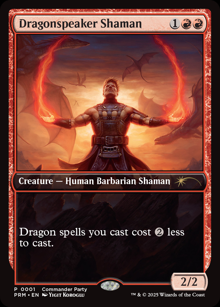 A promo copy of Dragonspeaker Shaman, obtained for participating in the Tarkir: Dragonstorm Commander Party event. Image credit: Wizards of the Coast