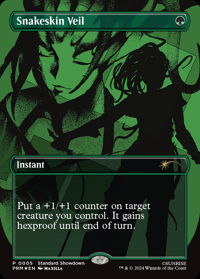 A Cowboy Bebop-style promo copy of Snakeskin Veil. Available to the winner of the Standard Showdown event this upcoming play season. Image credit: Wizards of the Coast