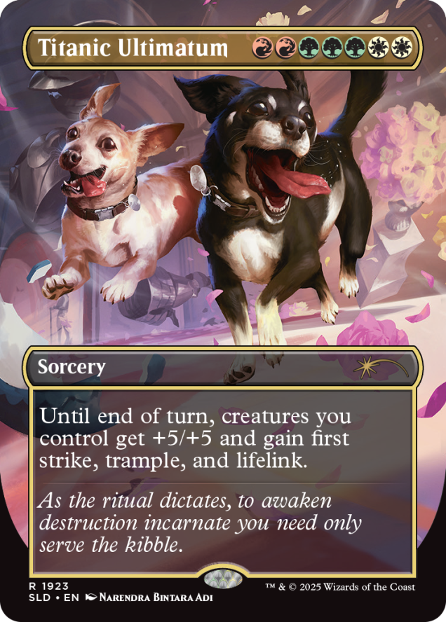 Titanic Ultimatum (dog version), a new card from the Chaos Vault. Image Credit: Wizards of the Coast